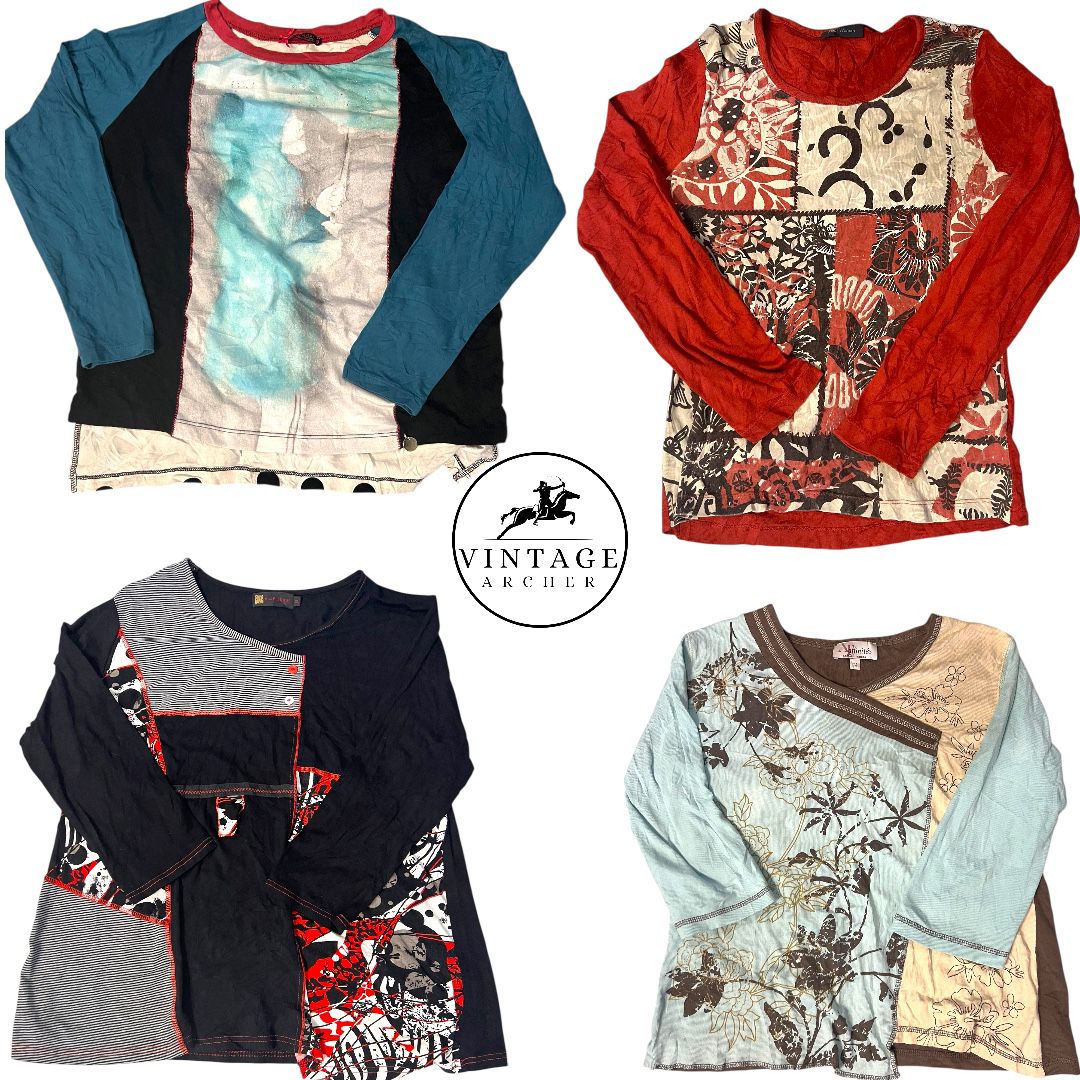 Y2K Retro Whimsigoth Mixed Media Tops - Autumnal Red Botanicals, Sky Blue Sleeves & Abstract Line Art
