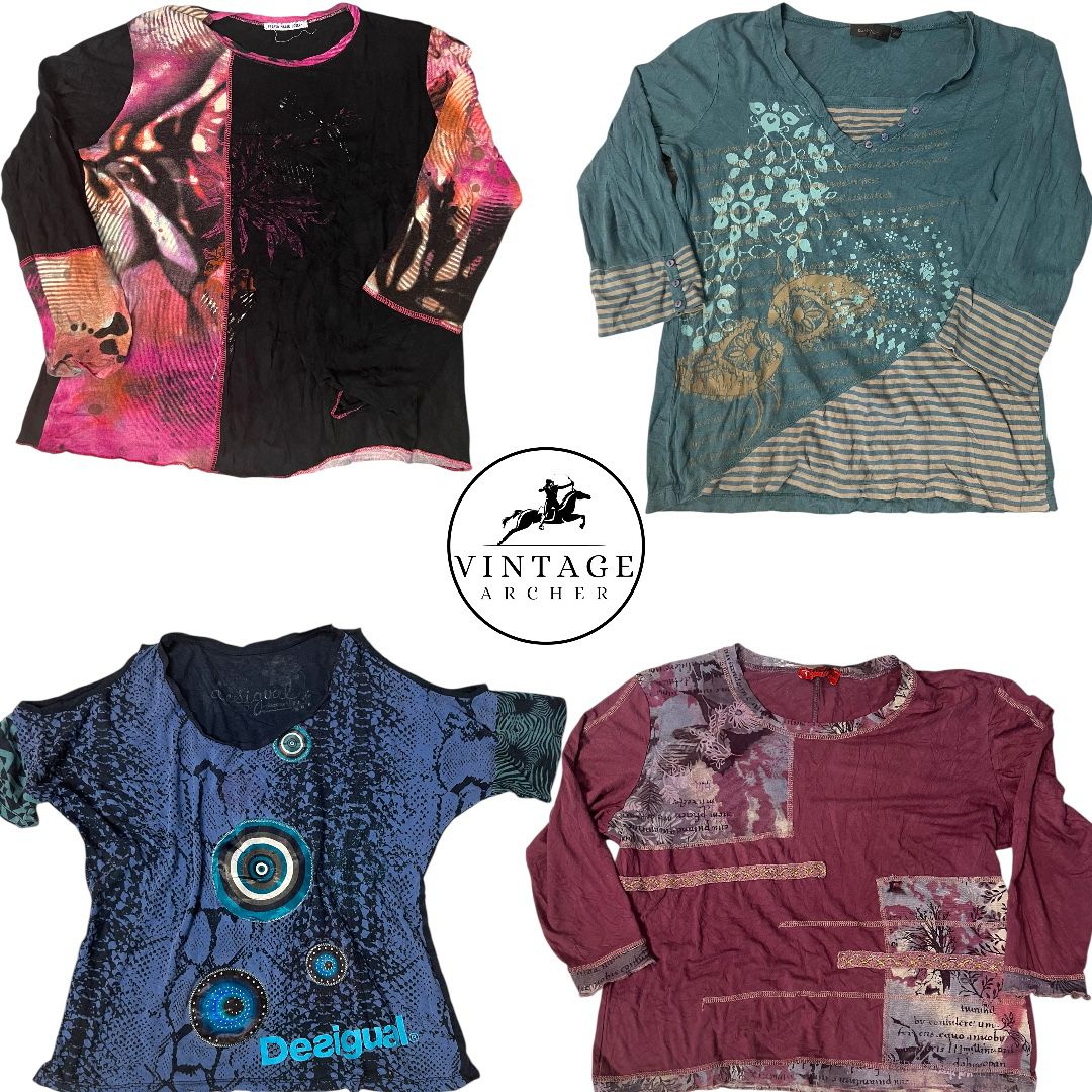 Y2K Retro Women’s Mixed Media Blouses - Mandala Graphics, Teal Stripes & Artsy Desigual Prints