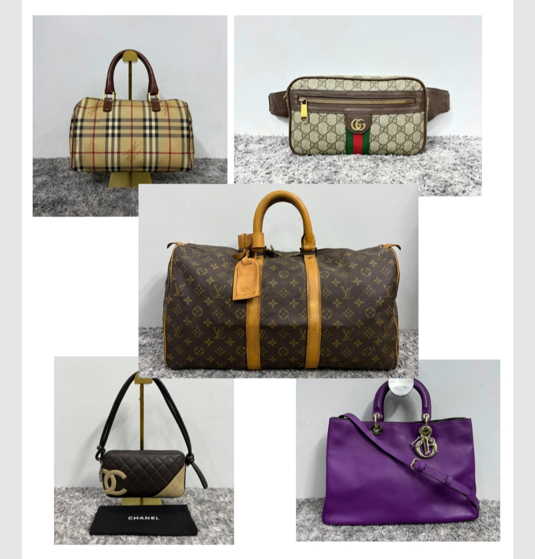 Bundle of 5 Designer Bags. 1 piece of Chanel.  1 piece of Louis Vuitton. 1 piece of Gucci. 1 piece of Christian Dior. 1 piece of Burberry.