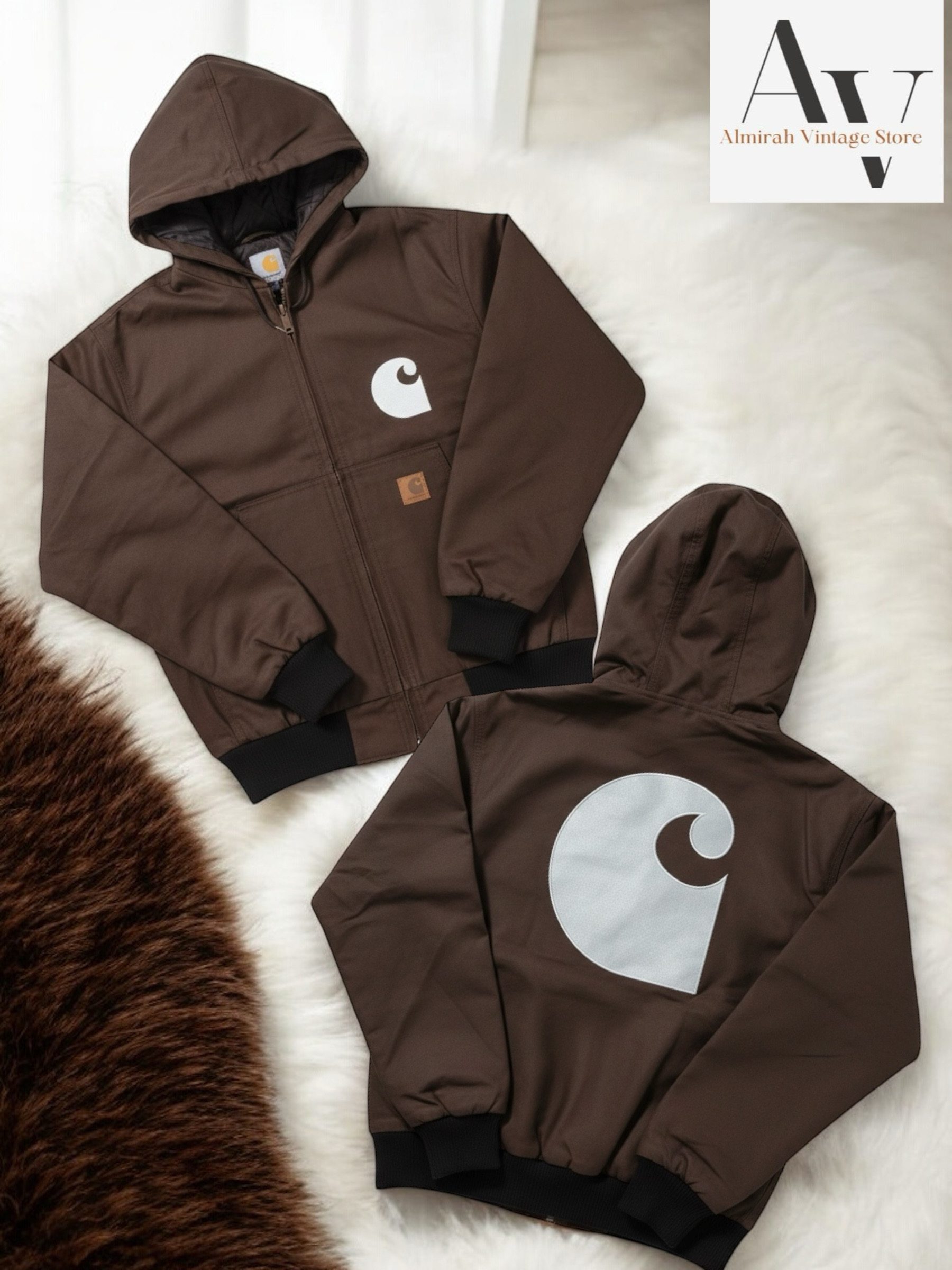 Carhartt rework style brown embroidery hooded jacket