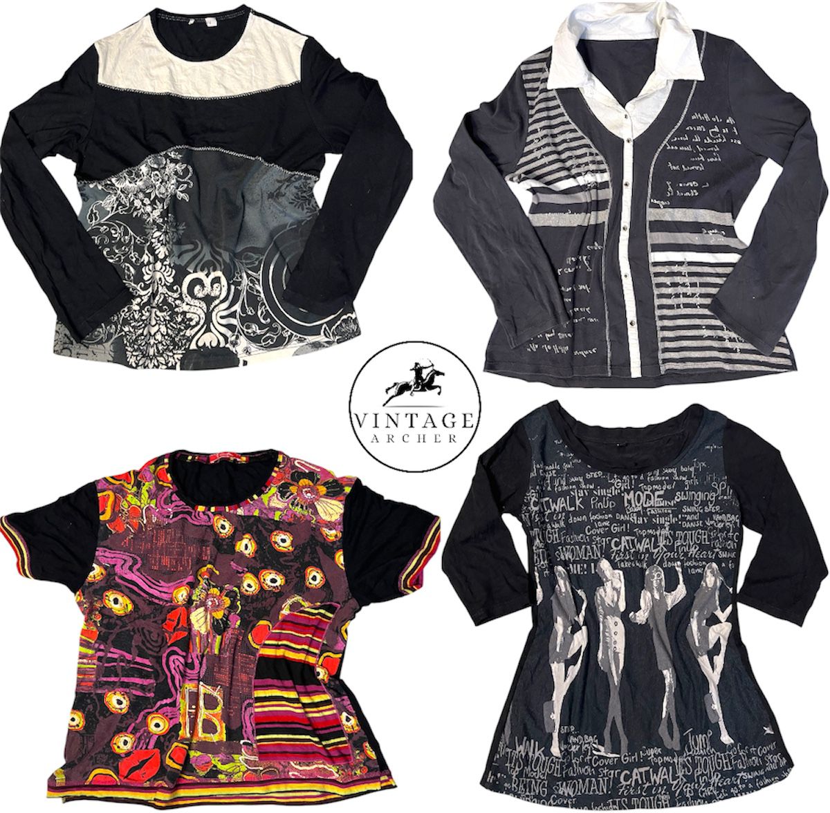 Retro Y2K Aesthetic Graphic Print Long Sleeve Tops - Bundle of 10