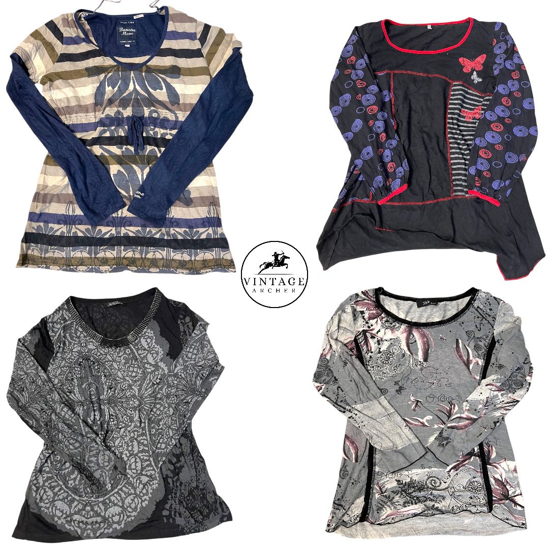 Retro Y2K Aesthetic Graphic Print Long Sleeve Tops Bundle - Mixed Media Grunge & Indie Sleaze Styles: 10 Pcs