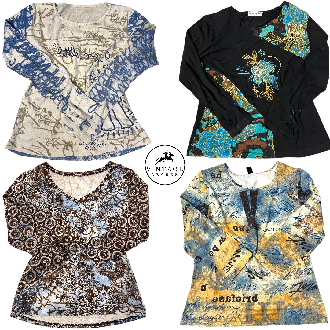 Retro Y2K Aesthetic Graphic Print Long Sleeve Tops - Mixed Media Grunge & Cyber Fairy Style Bundle: 10 Pcs