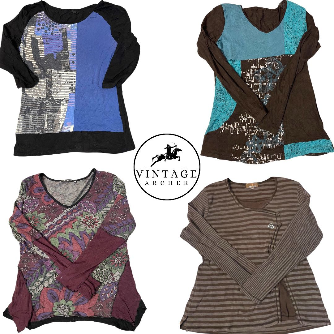 Retro Y2K Fairy Grunge Apparel Lot - Earth Tones & Blue Mixed Print Tops: 10 Pcs
