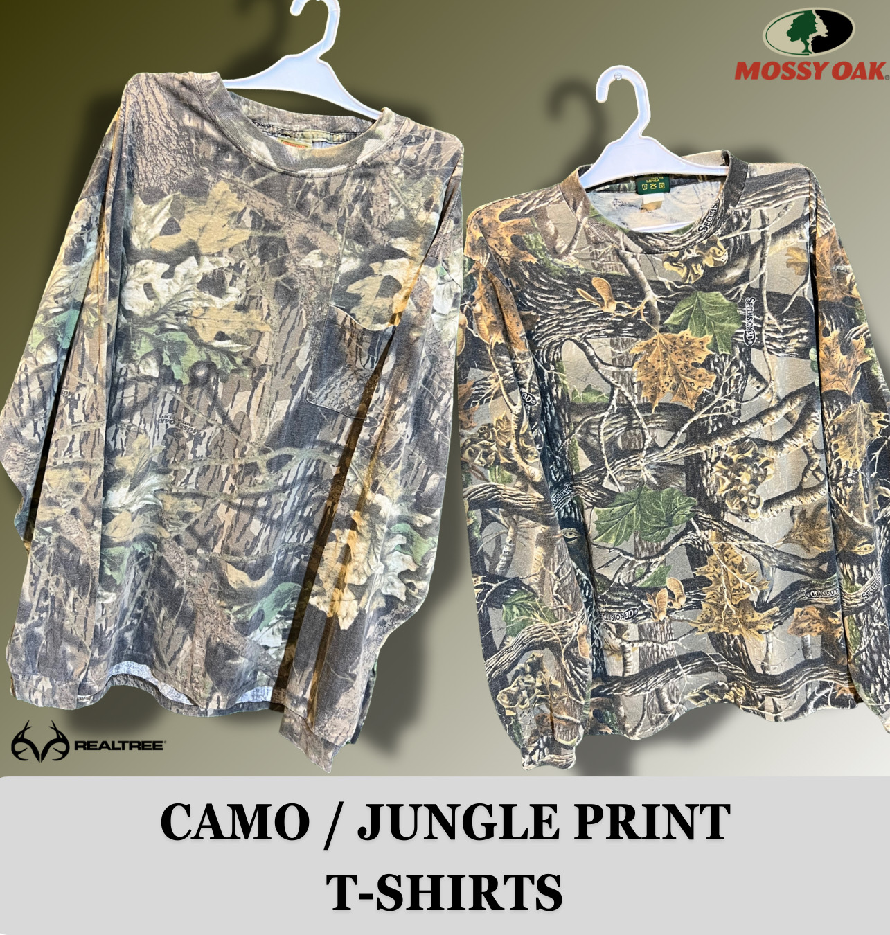 T-shirts premium (imprimé camouflage / jungle) incluant Mossy Oak, Real Tree et d'autres marques.