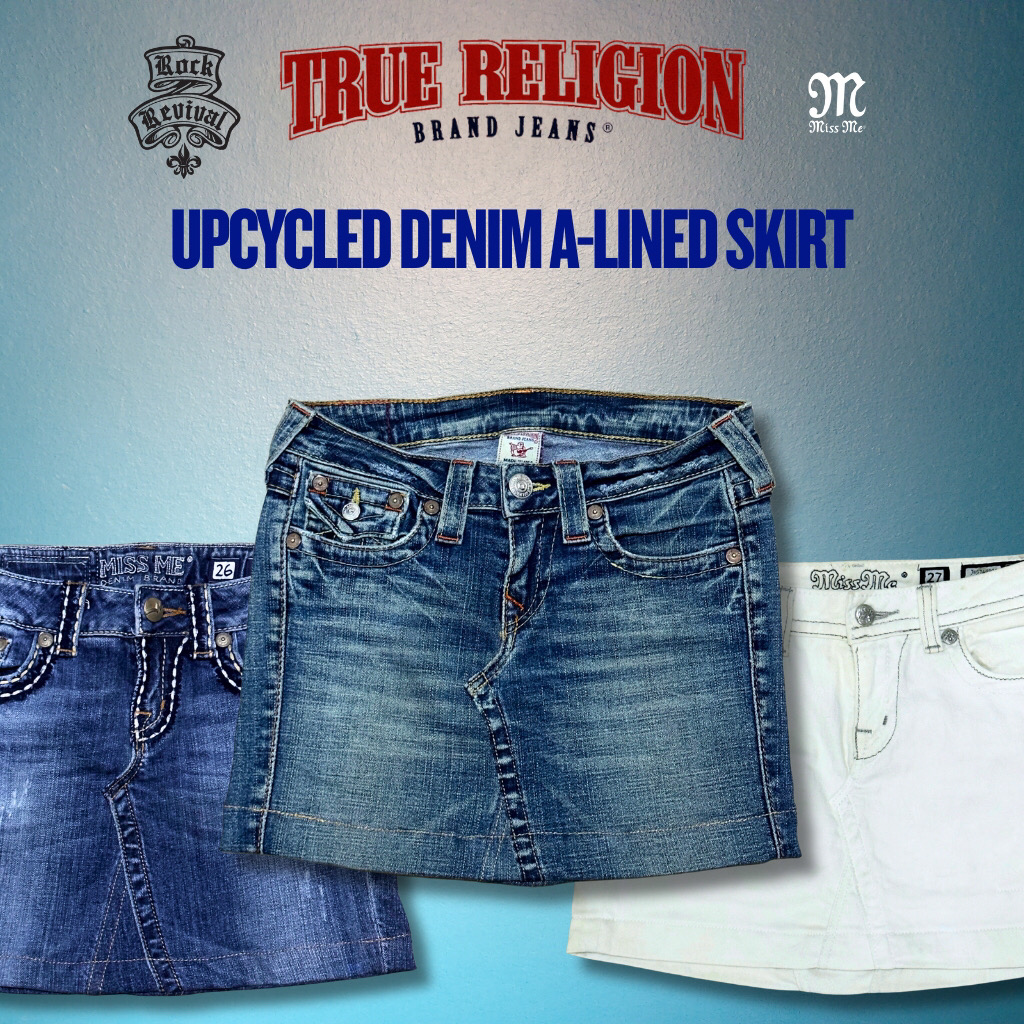 アップサイクルされたブランデッドAラインスカート（Y2Kデニム）