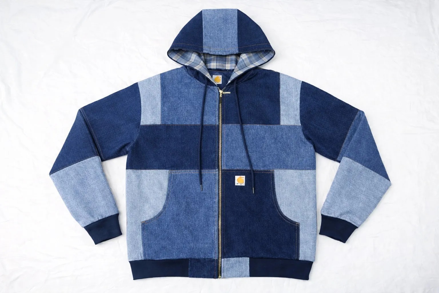 CR1152 Upcycled Patchwork Denim Hooded Zip Jacket