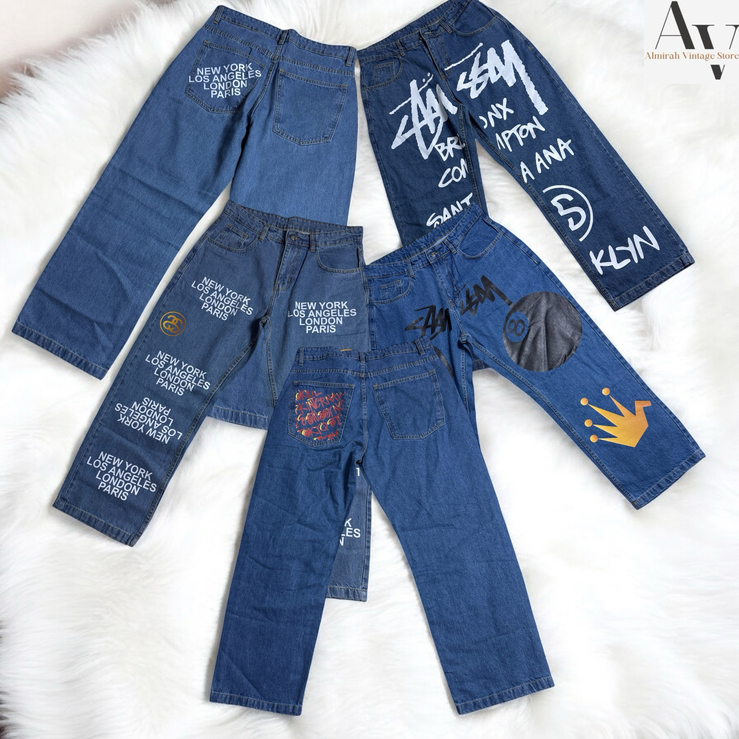 Stussy rework style baggy printed jeans