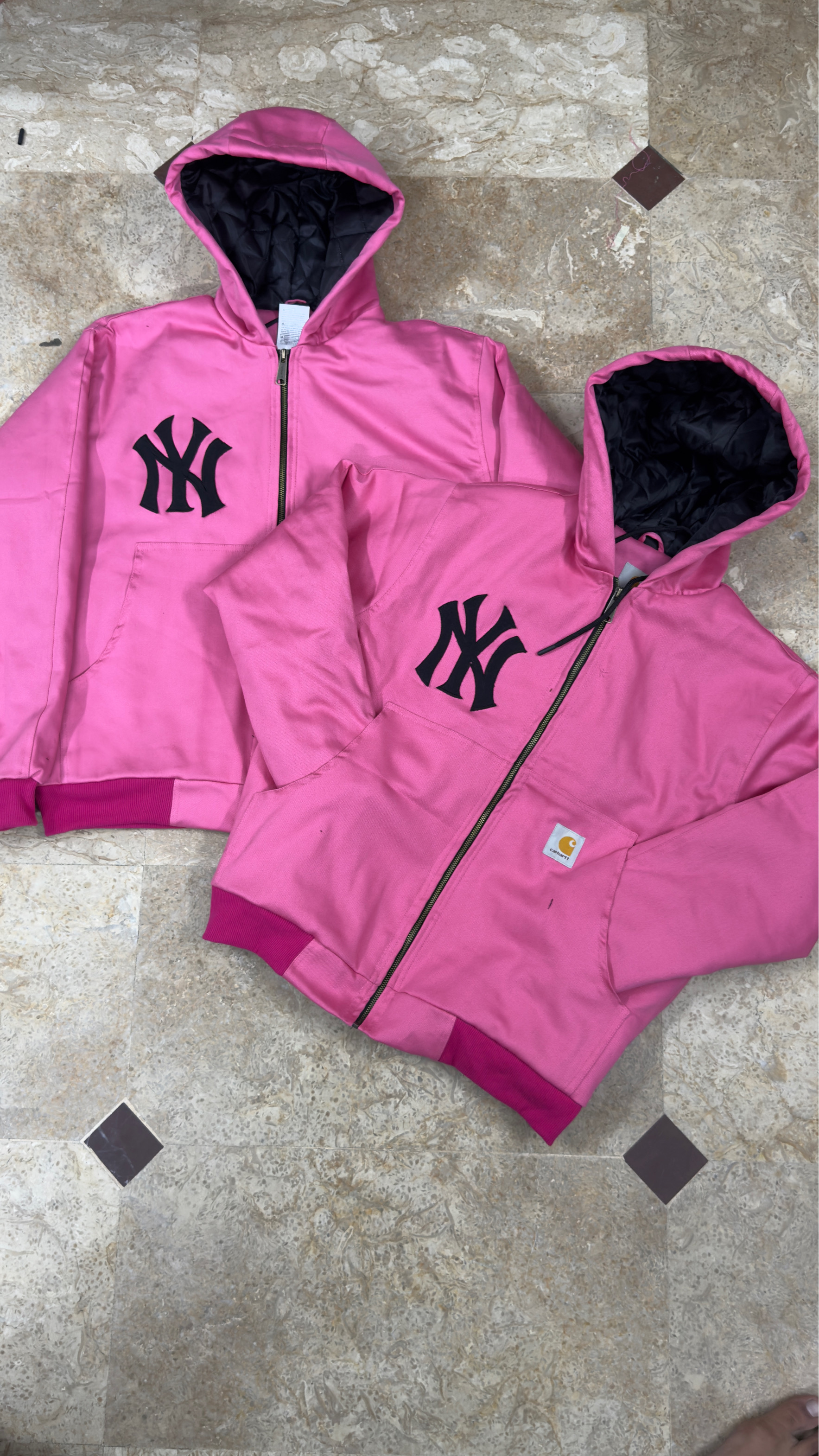 Carhartt Pink Yankees Active Wear Rework Style Jackets, NY Logo Embroidery