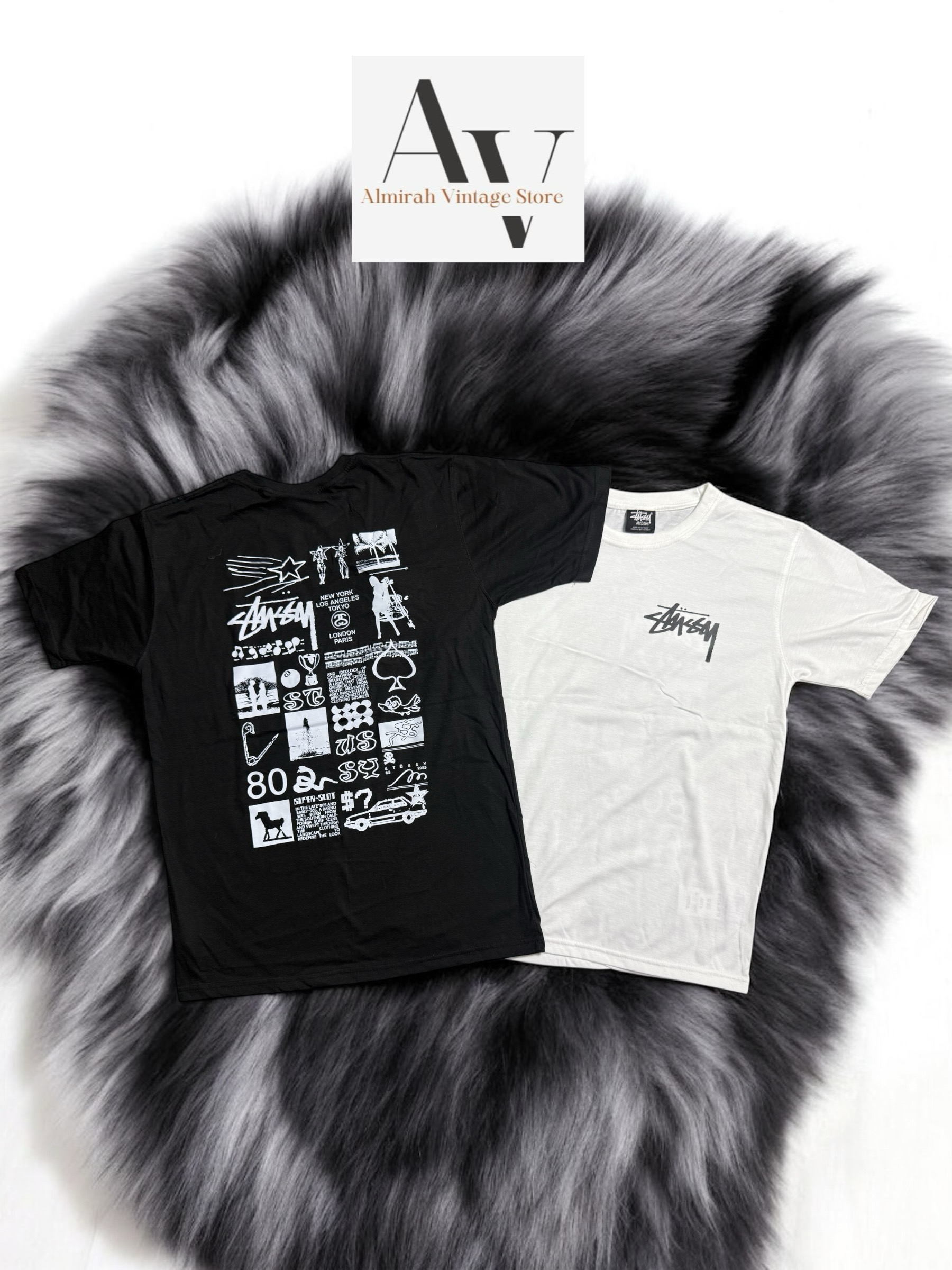 Stussy rework style sara printed black and white tee