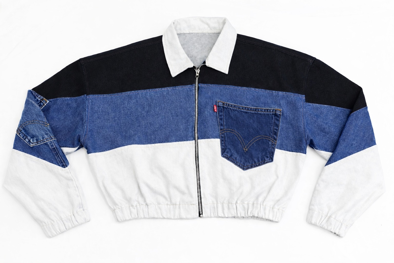 CR1165 Upcycling-Farbausschnitt-Denim-Reißverschlussjacke