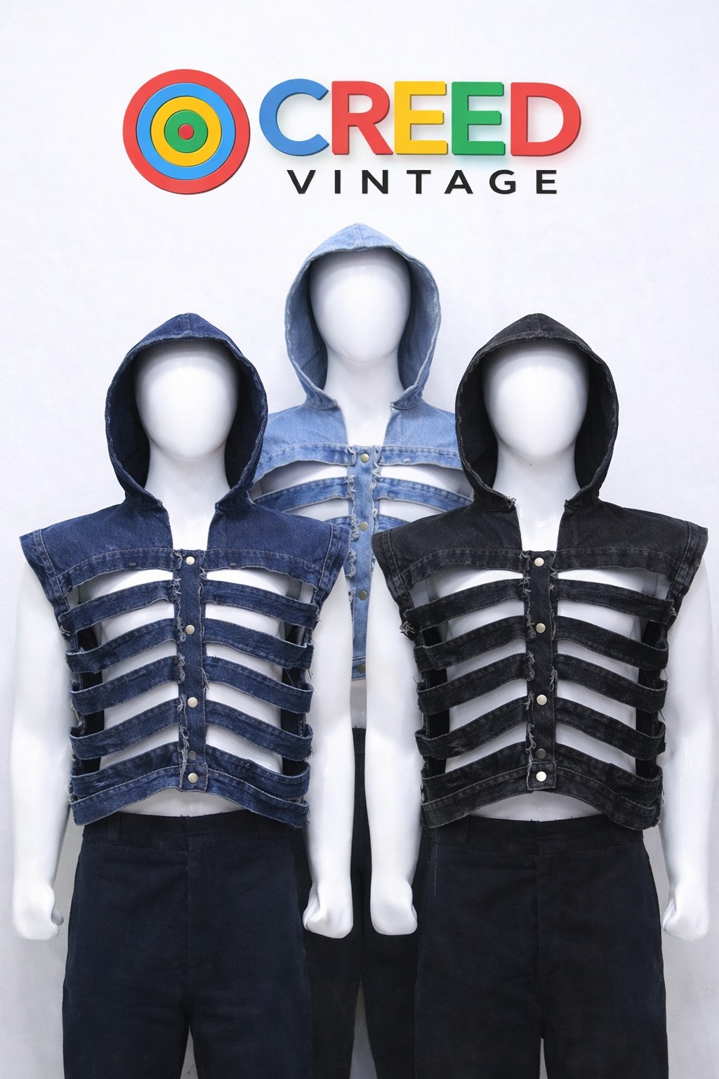 CR1174  Upcycled Rib-Cage Denim Hooded Vest