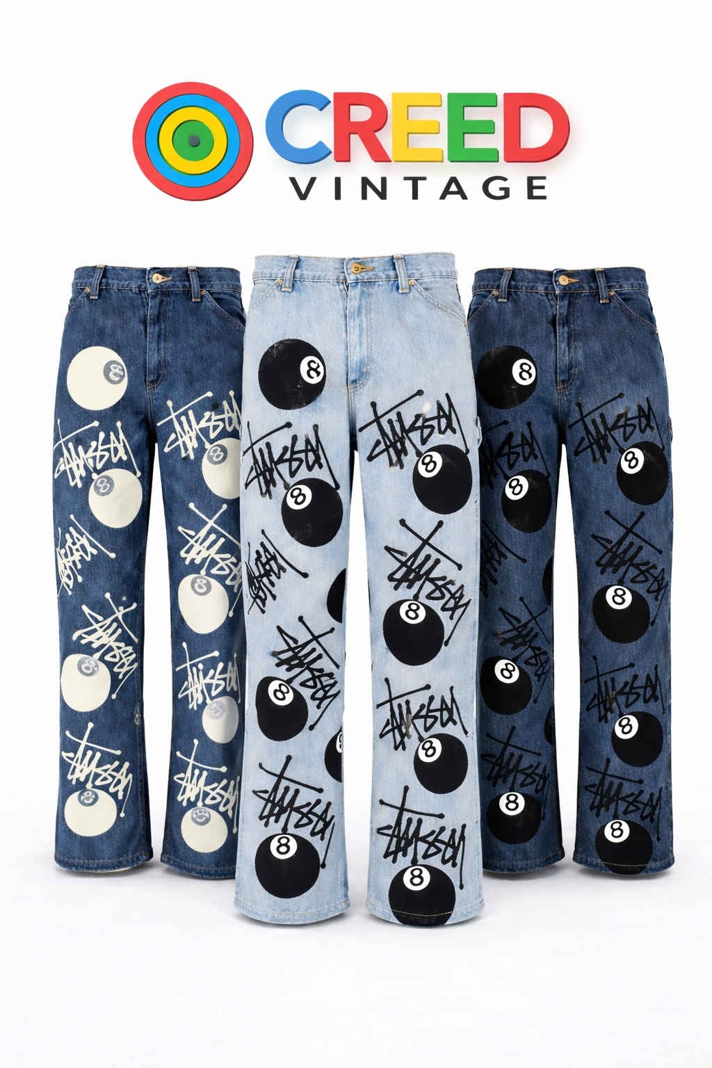 CR1183 Upcycled STUSSY Graphic Eight-Ball Denim Pants
