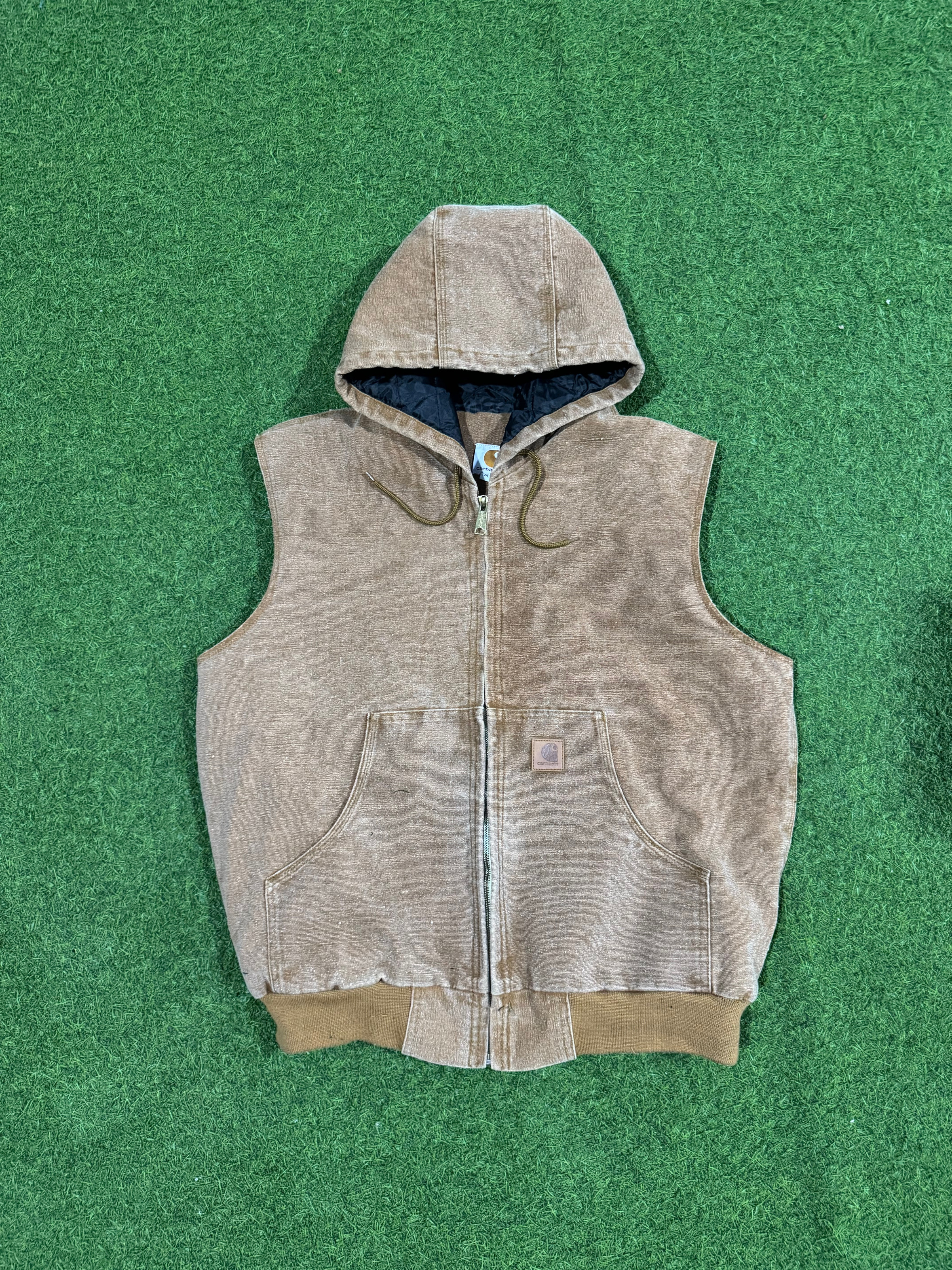 Rework style acid wash brown hooded gilets