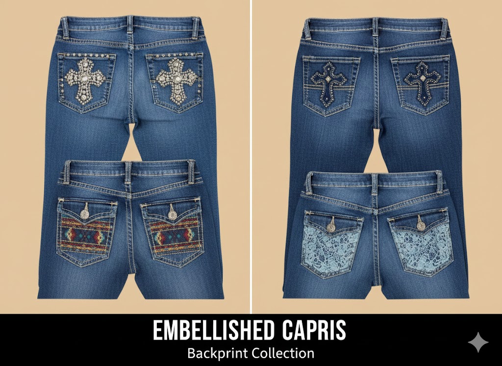 Verzierte Capris-Jeans Rückendrucke 0188