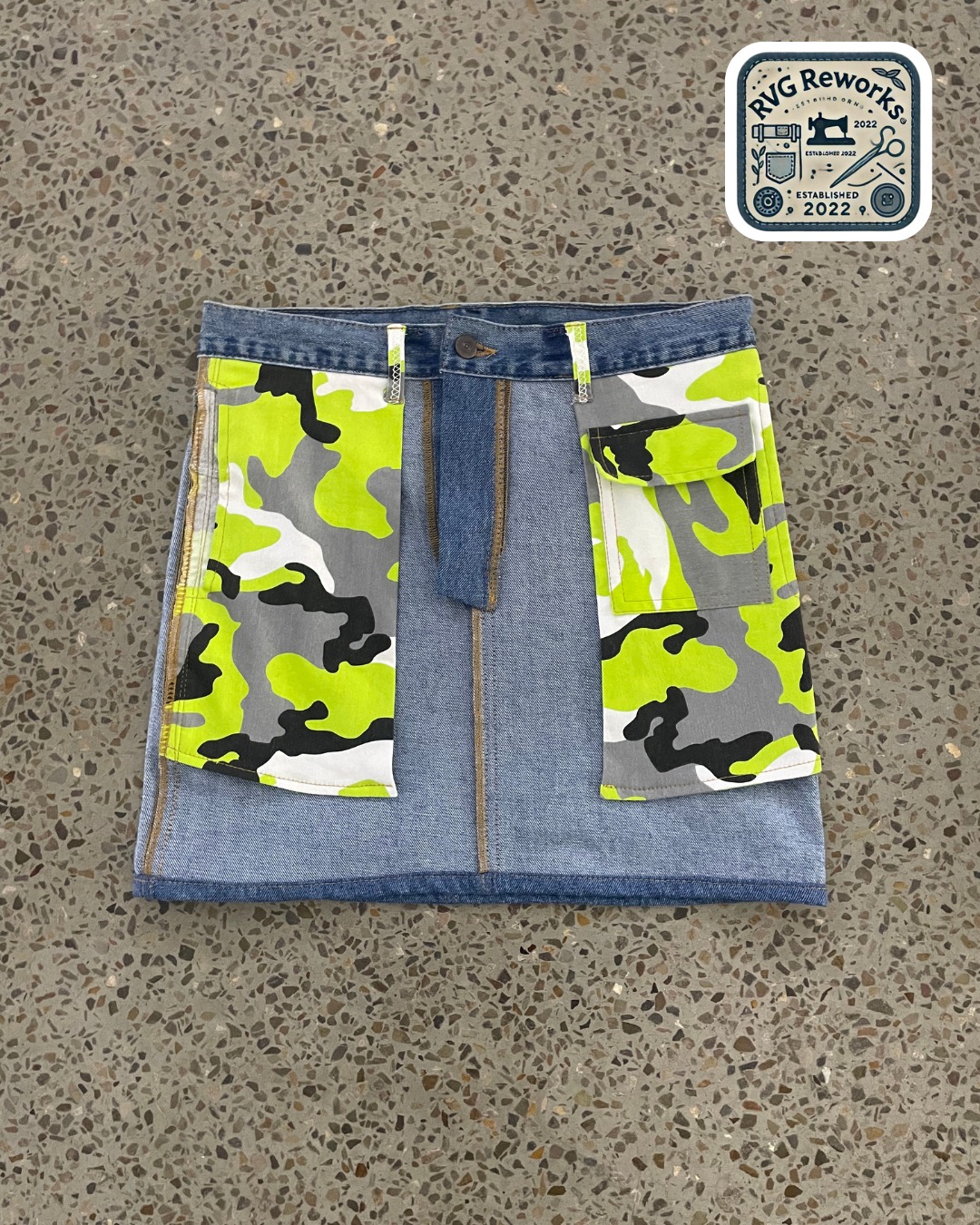 Upcycled Denim Cargo Camo Minirock