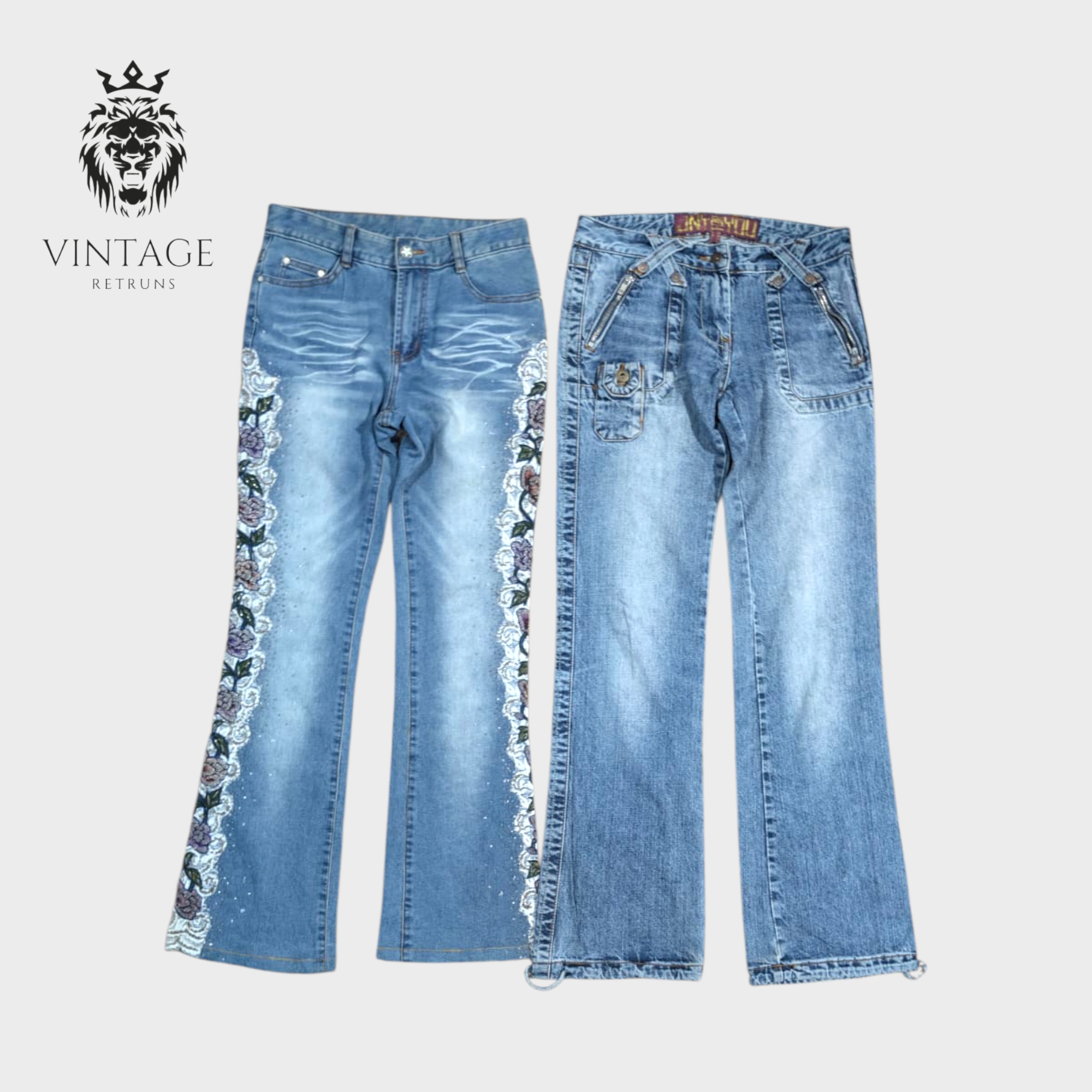 Jeans a zampa d'elefante con ricami e decorazioni Y2K