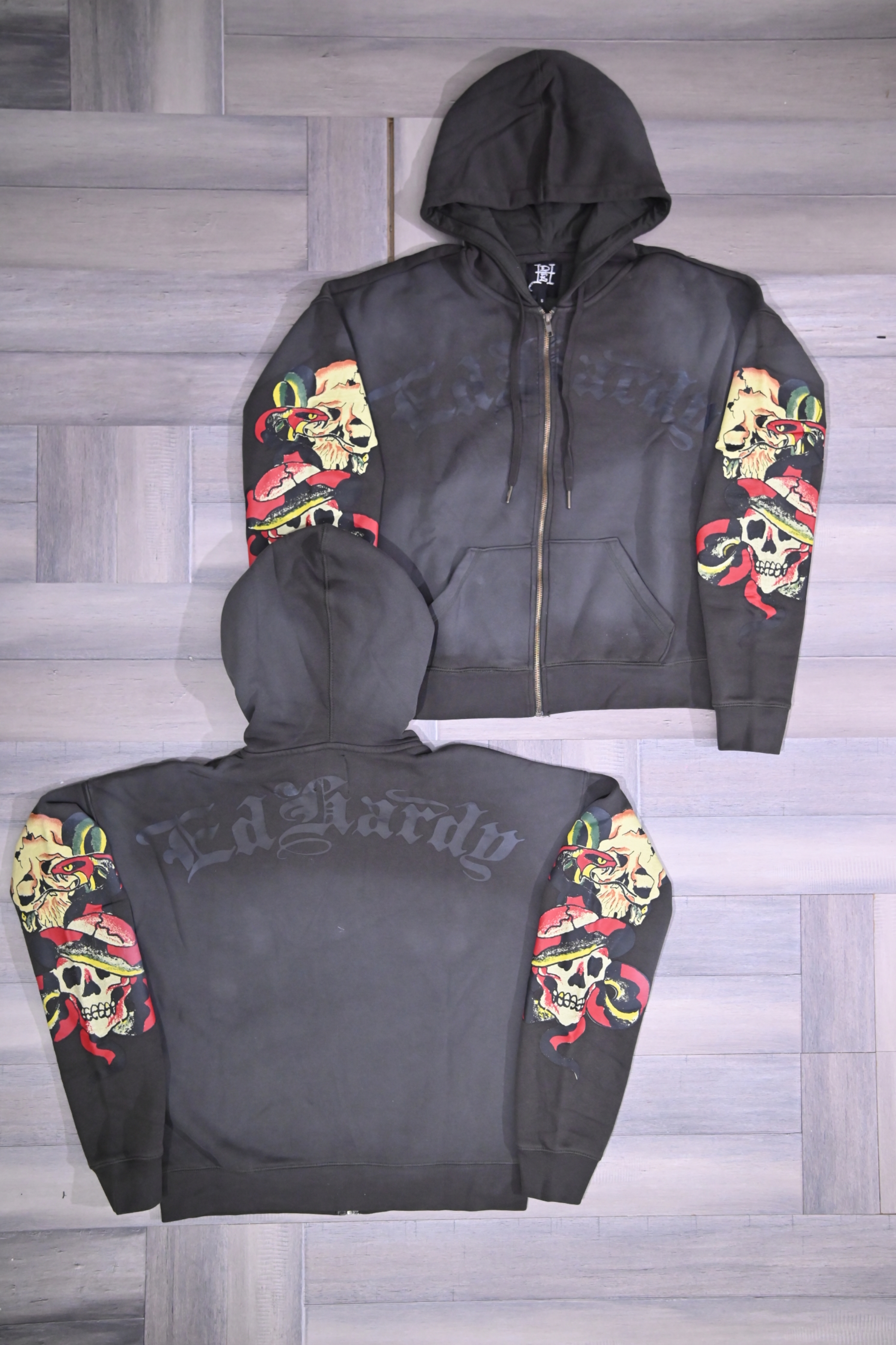 Ed Hardy Skulls Sunfade Grey Men's Zipper Hoodies, 8 pcs, (ED-003)