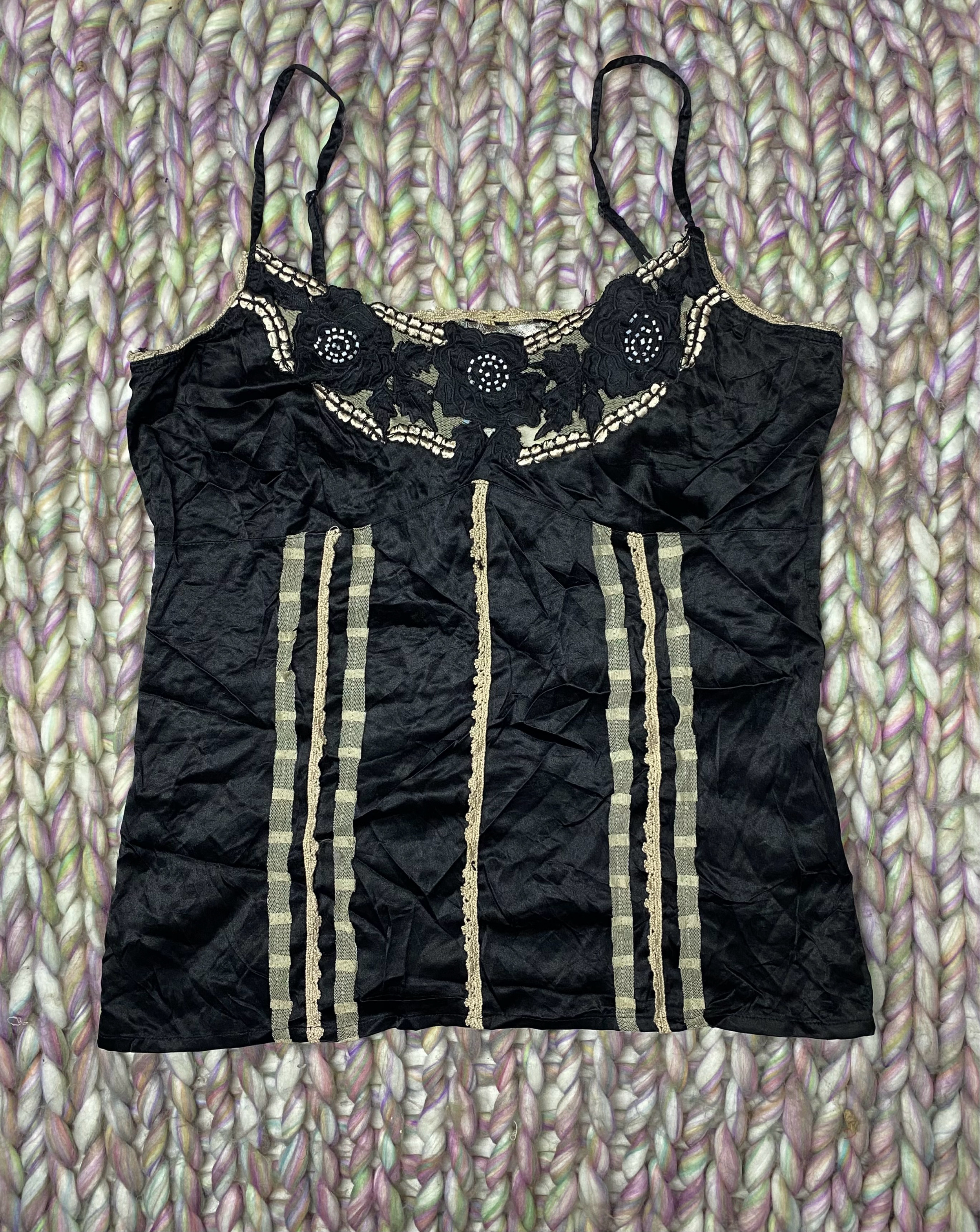 black lace-trim satin camisole top