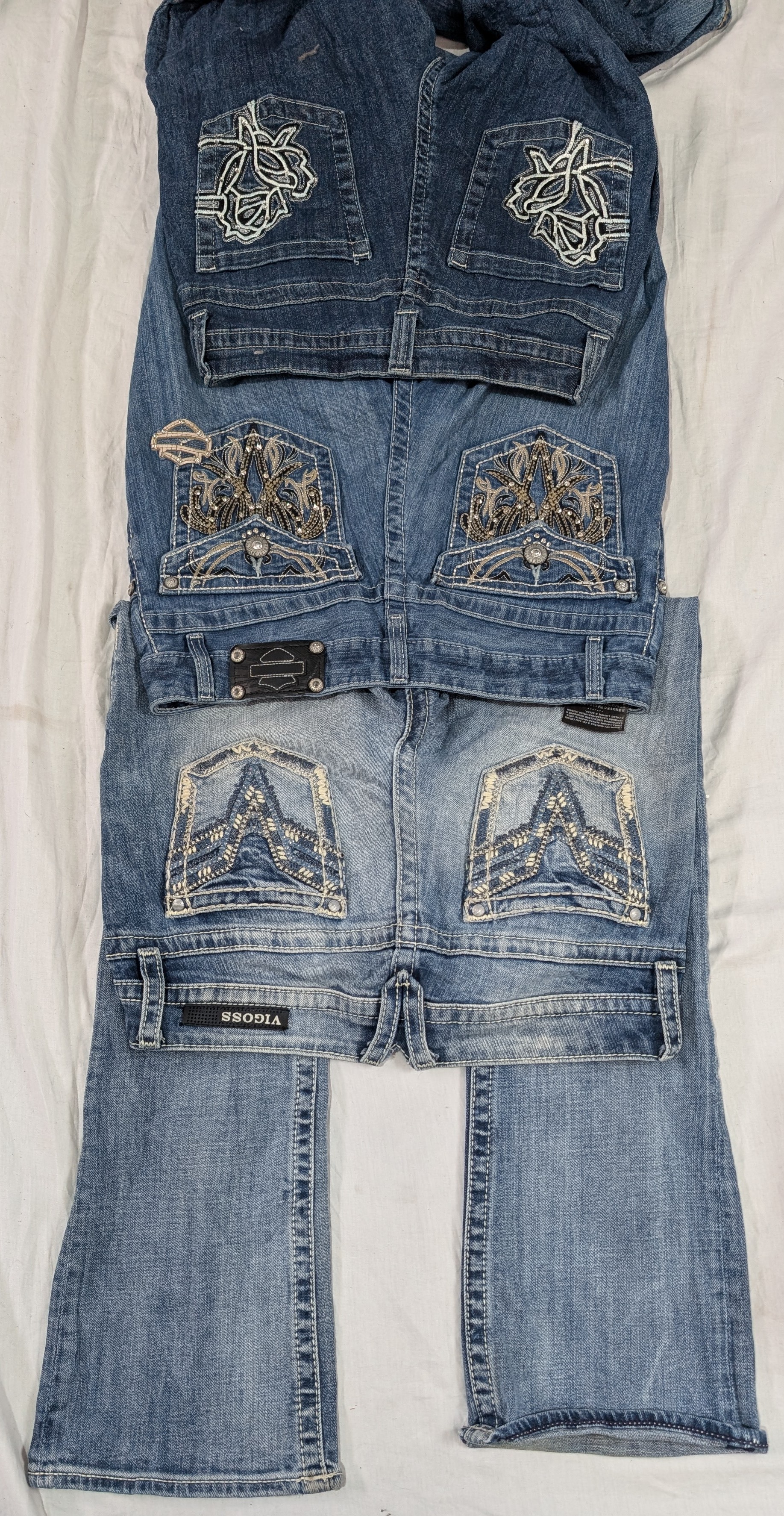 DESIGNER JEANS (BRAND'S INCULOADED) HARLEY DAVIDSON, VIGOSS, HYDRAULIC,ROCAWEAR ,etc