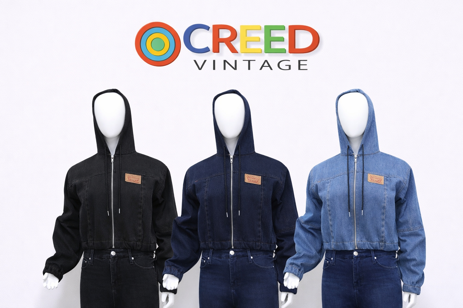 CR1269 Upcycled Denim Kapuzen-Crop-Jacke