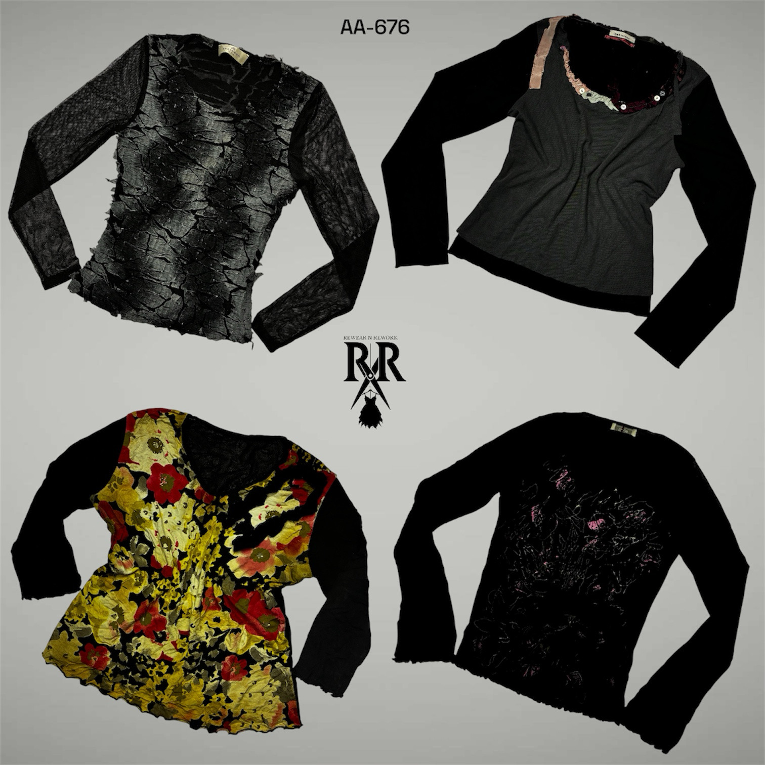 Y2K All Black Rave Full Sleeve Mesh Tops (AA-676)