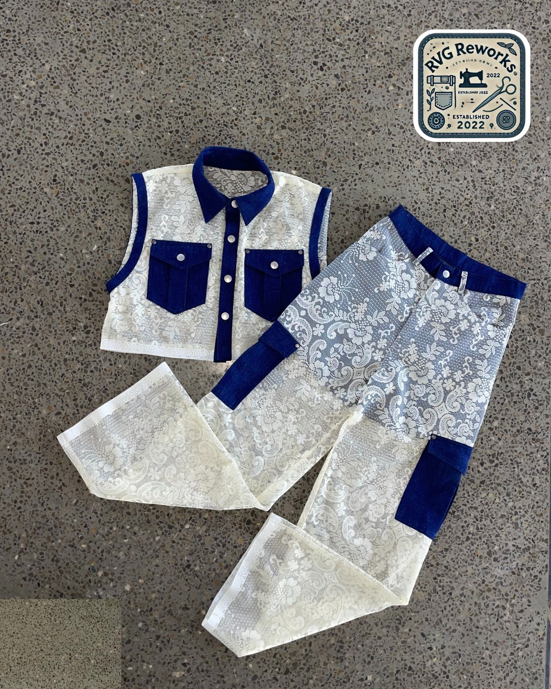 Upcycled Lace & Cotton Crop Vest and Trousers Set