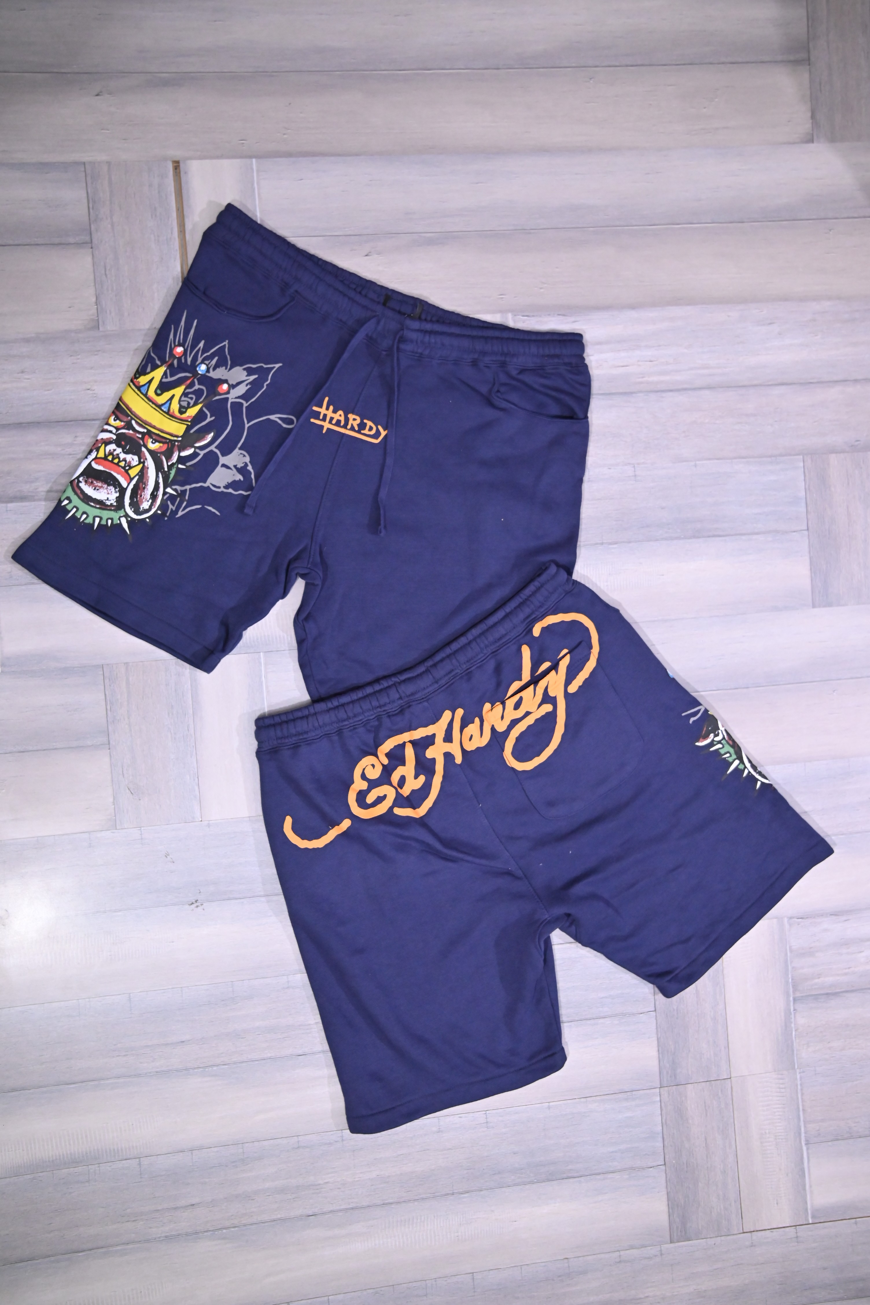 Ed Hardy Navy 'Bulldog' Graphic Men's Shorts, 8 pc..