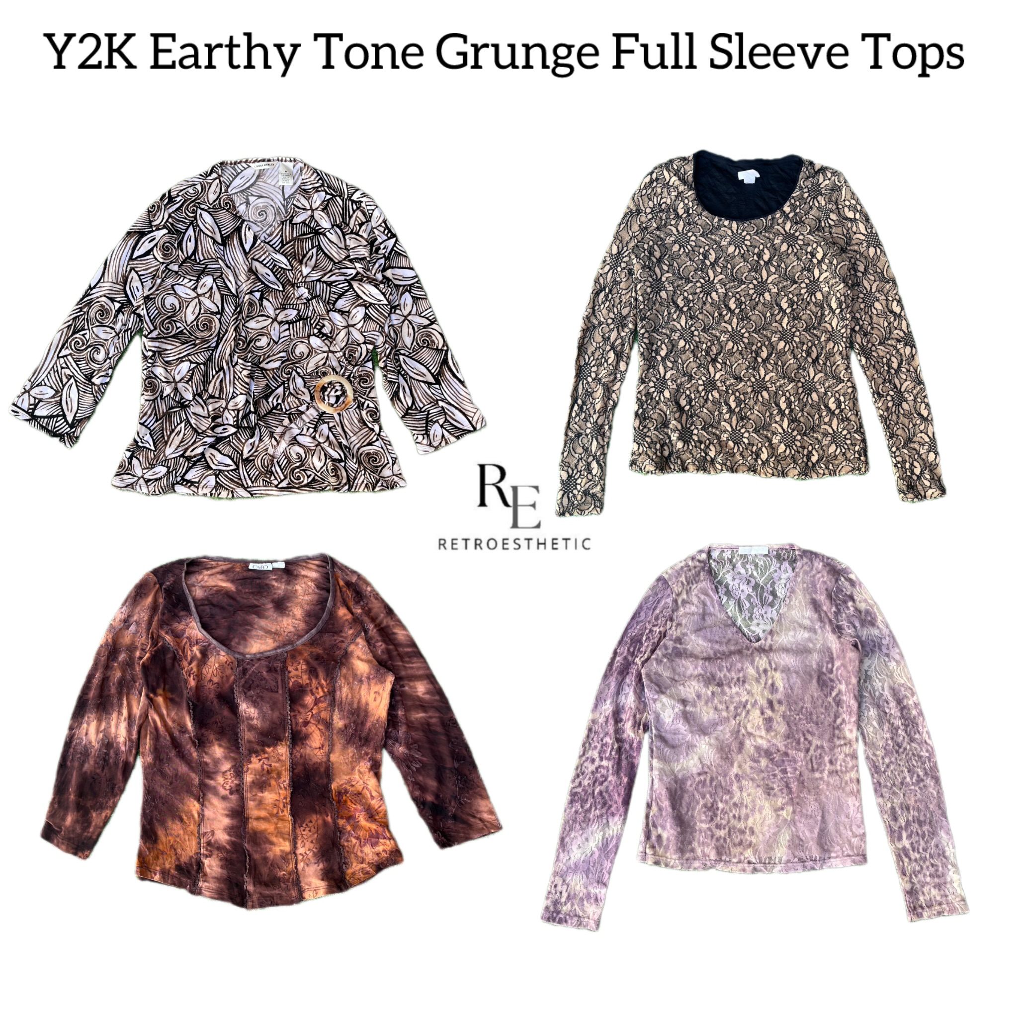 Y2K Earthy Tone Vibe Printed Long Sleeve Tops RE-2..