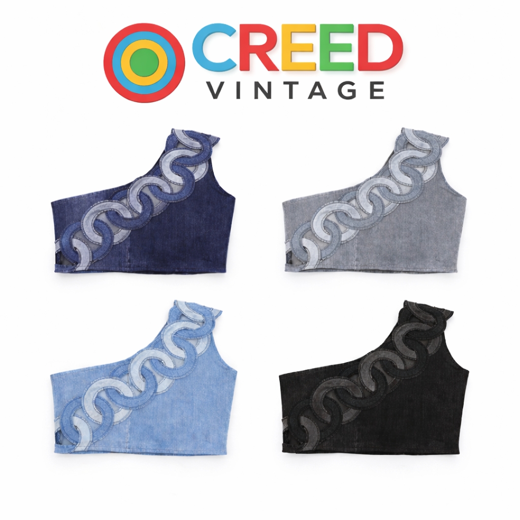 CR1343 Upcycled Chain-Link One Shoulder Denim Top