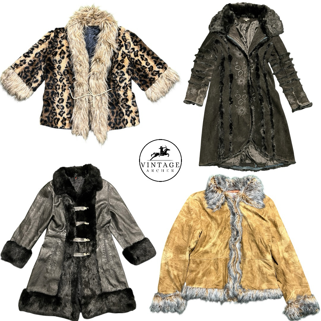 Vestes afghanes vintage en cuir et daim avec fourr..