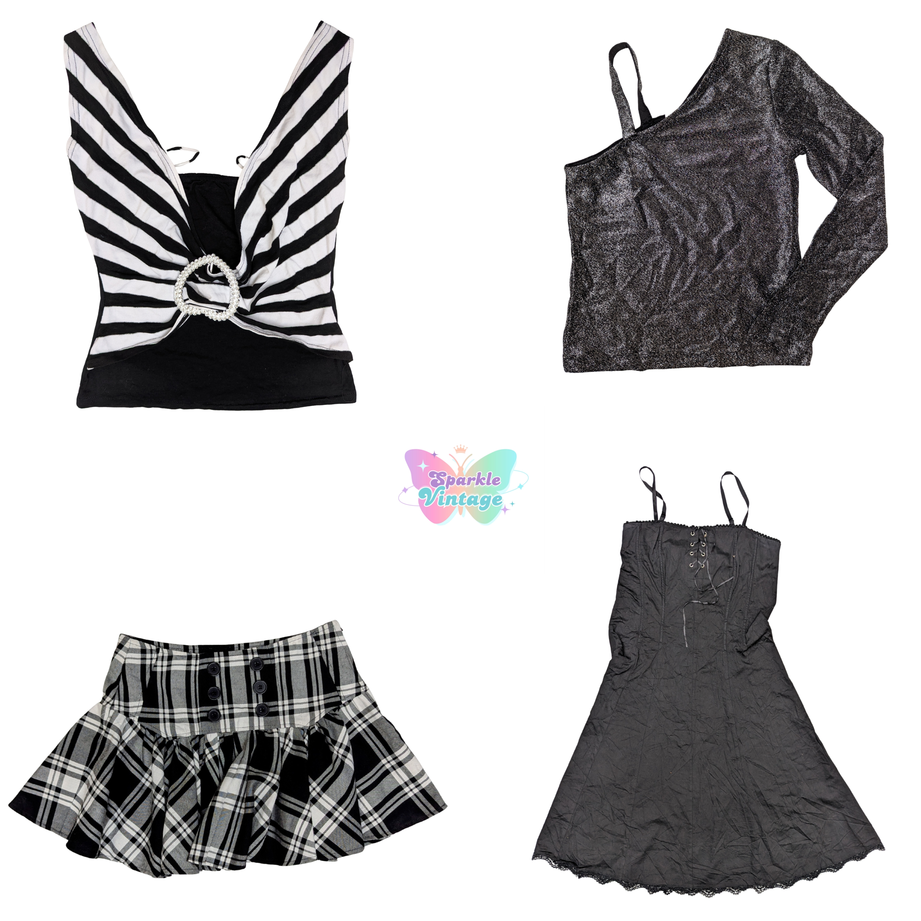 Y2K Monochrome Glam Bundle – Stripes, Shimmer & Pl..