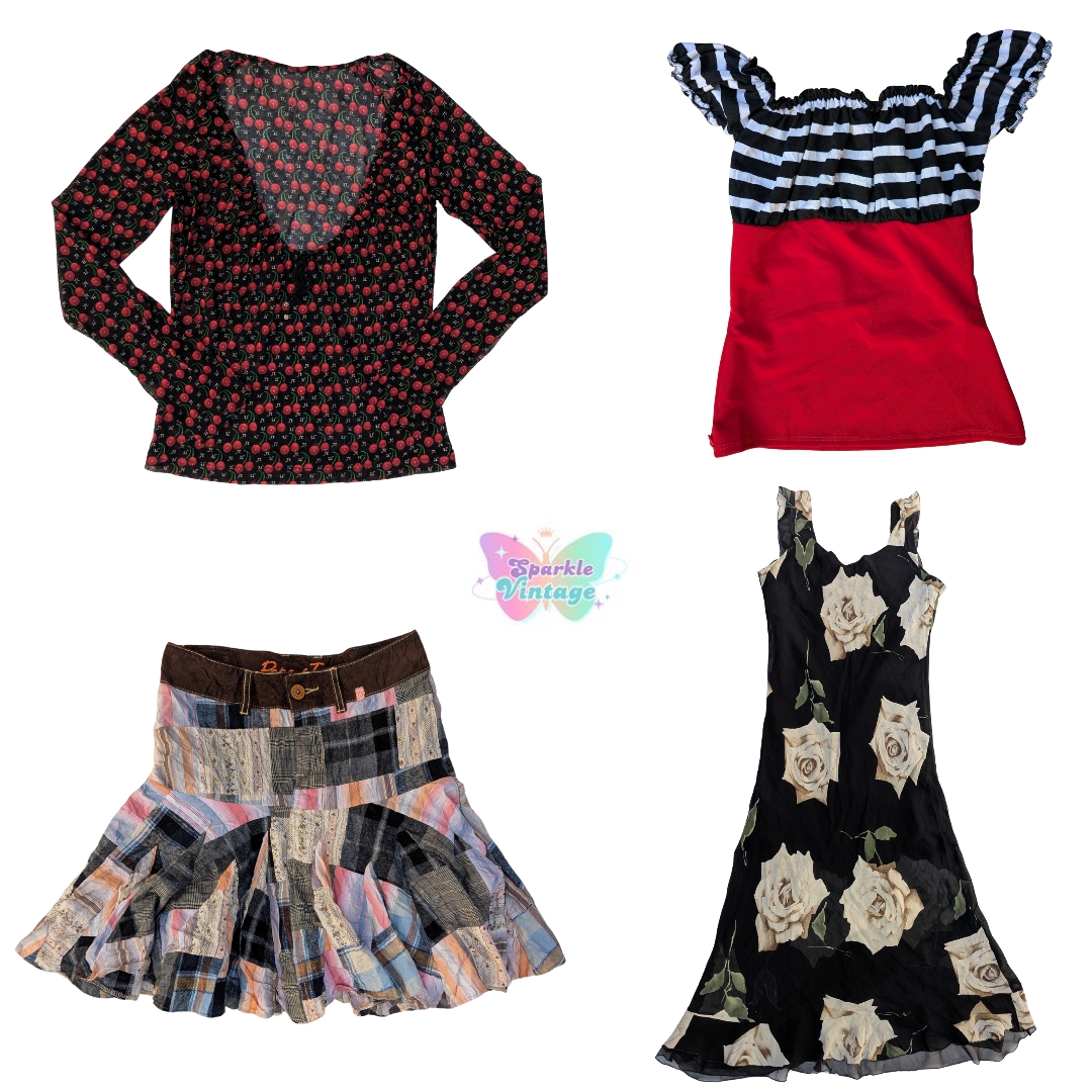 Y2K 90s Indie Vintage Bundle – Imprimé cerise, jup..