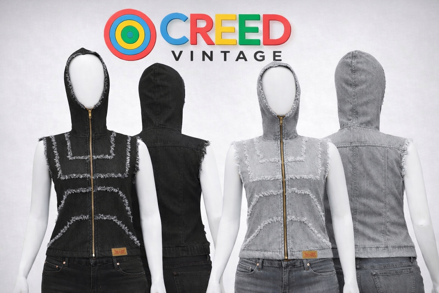 CR1375  Upcycled Raw Edge Denim Hooded Vest