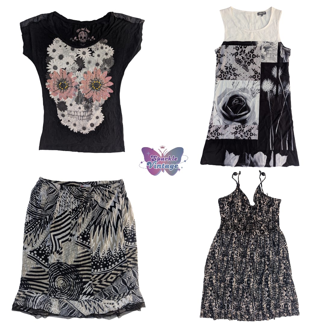 Black & White Patchwork Floral Sleeveless Dress (S..