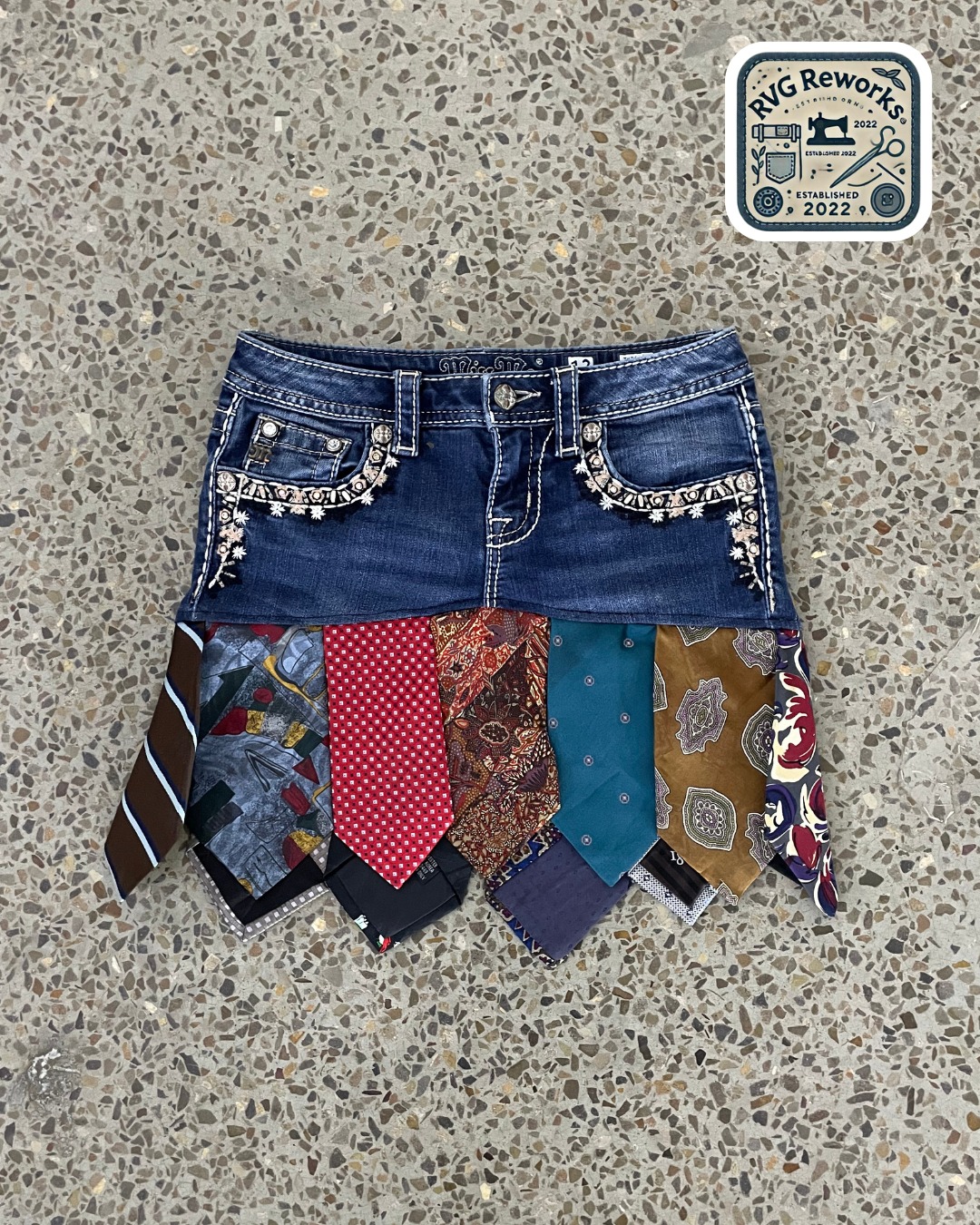 Upcycled Denim Tie Fringe Mini Skirt