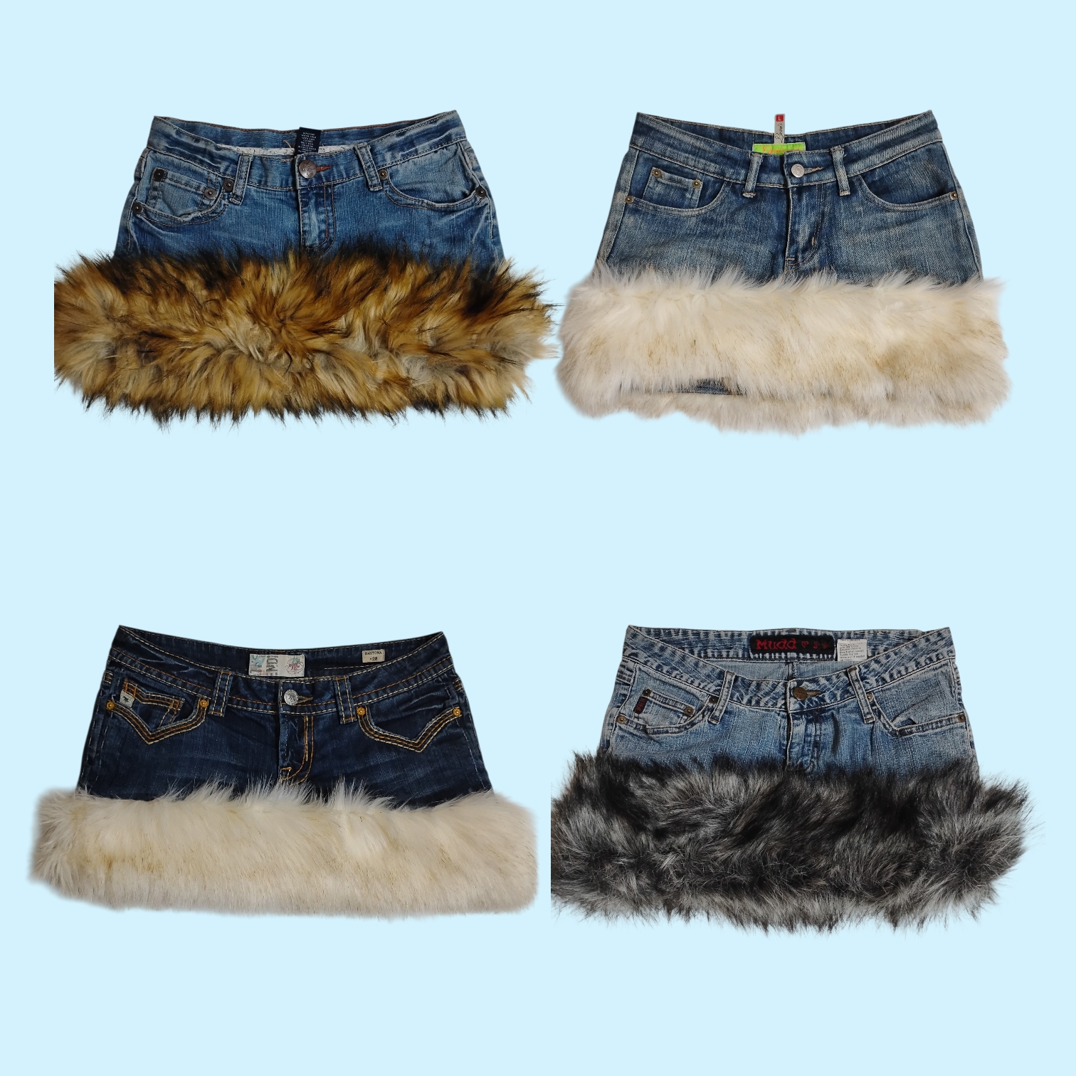 Y2K Fur Trimmed Denim Mini Skirts