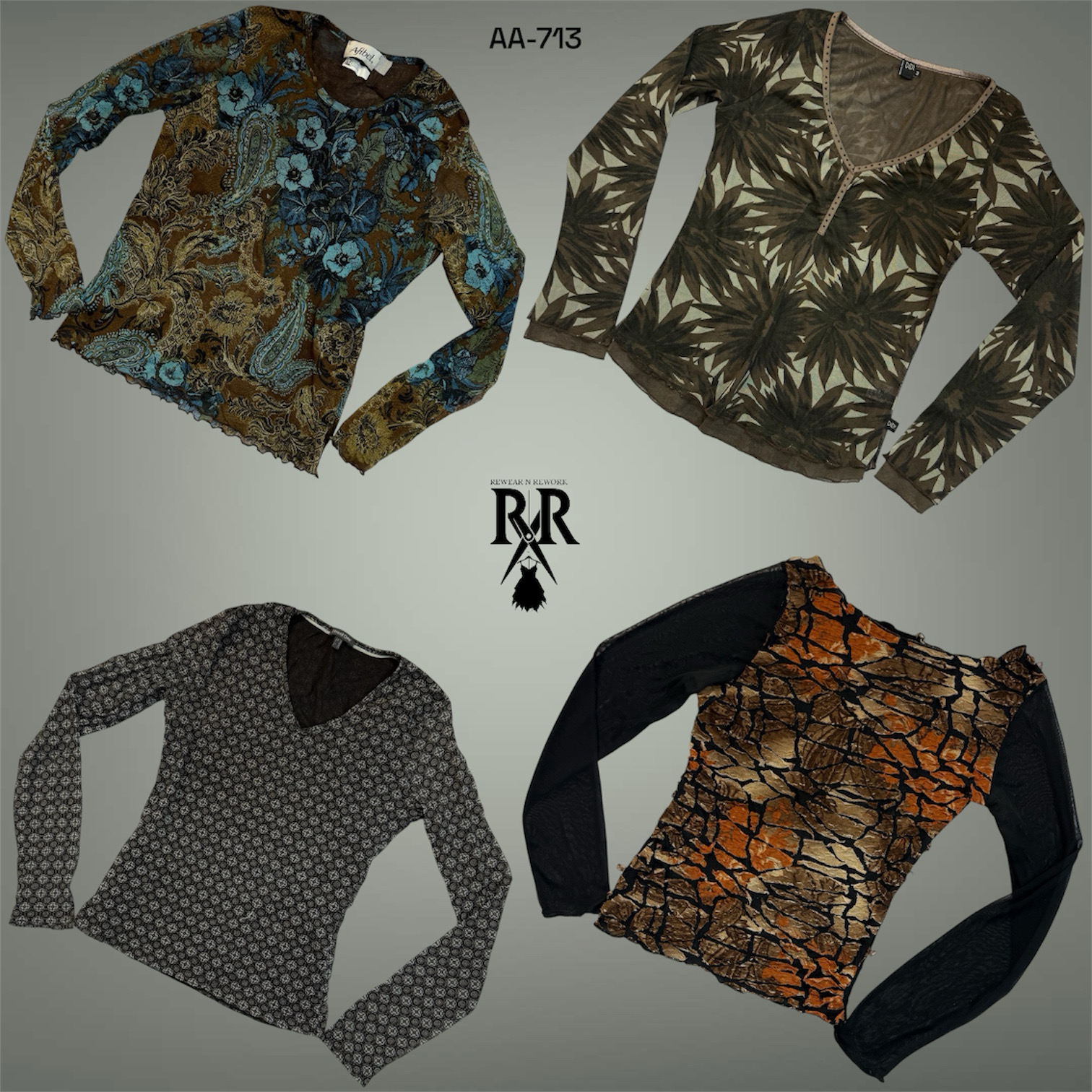 Y2K Boho Earthy Tone Full Sleeve Mesh Mix Tops (AA..