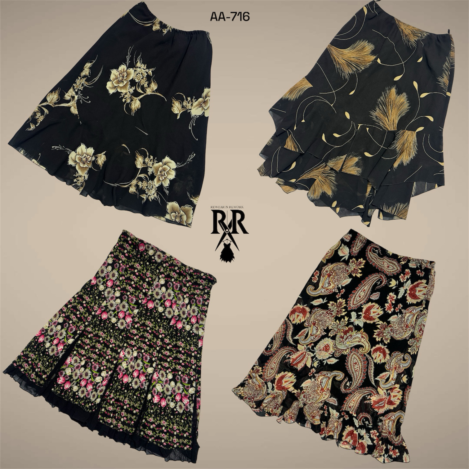 Y2K Black Rave Floral Summer Skirts (AA-716)