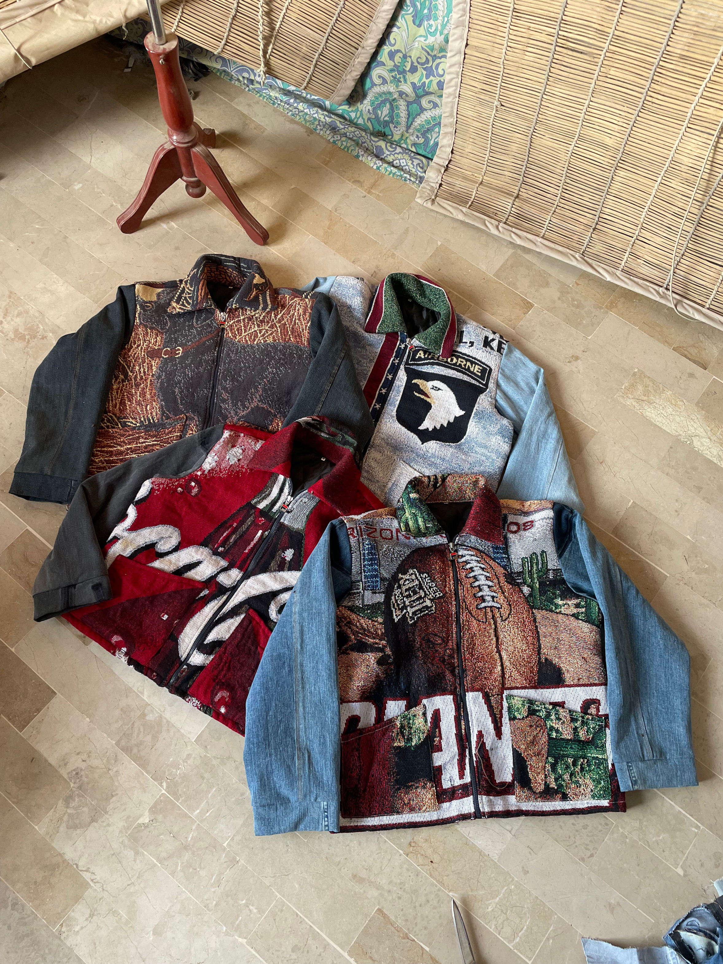 Upcycled Tapestry Jacket With Denim Sleeves and Qu..