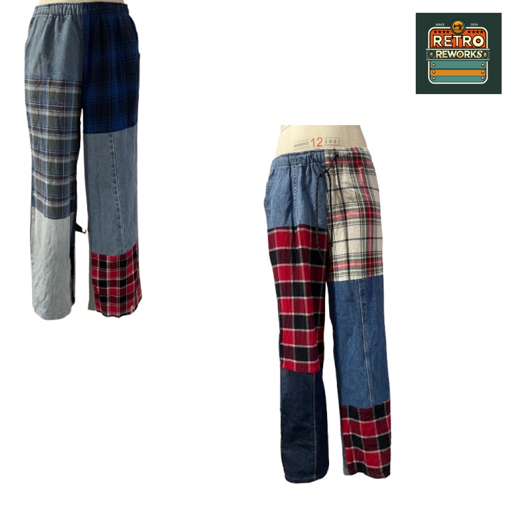 Upcycled patchwork plaid denim Pants