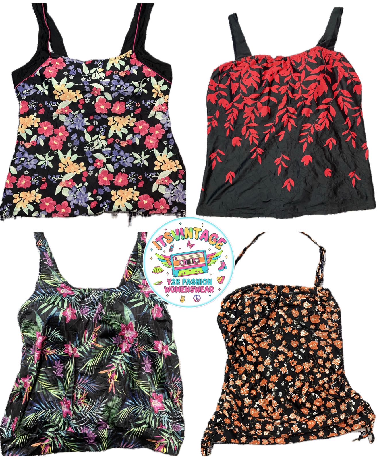 Vintage Y2K Floral Cami-Top Mix – 8 Stück bedruckt..