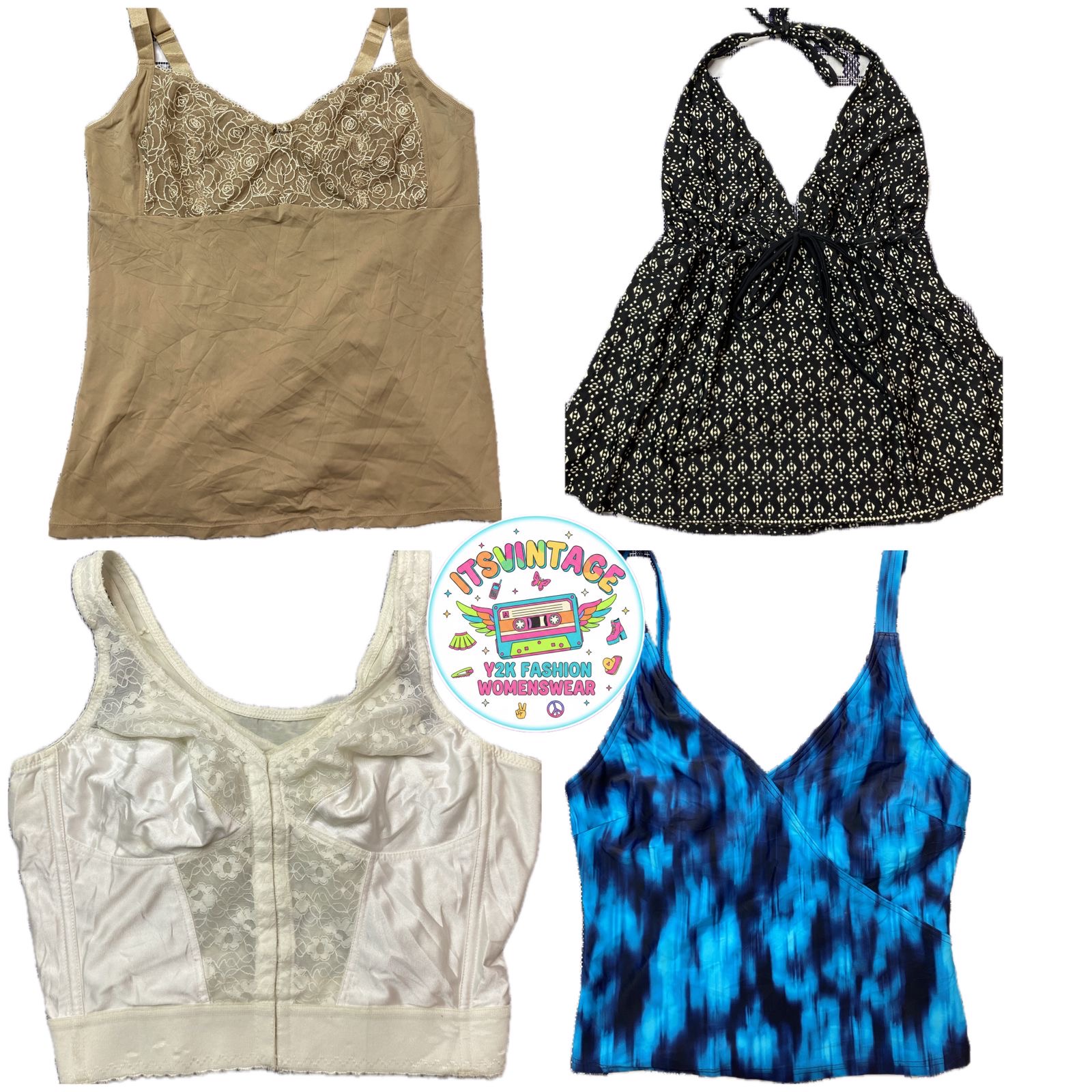 Vintage Y2K Camisole & Lingerie Top Mix – 9pcs Lac..