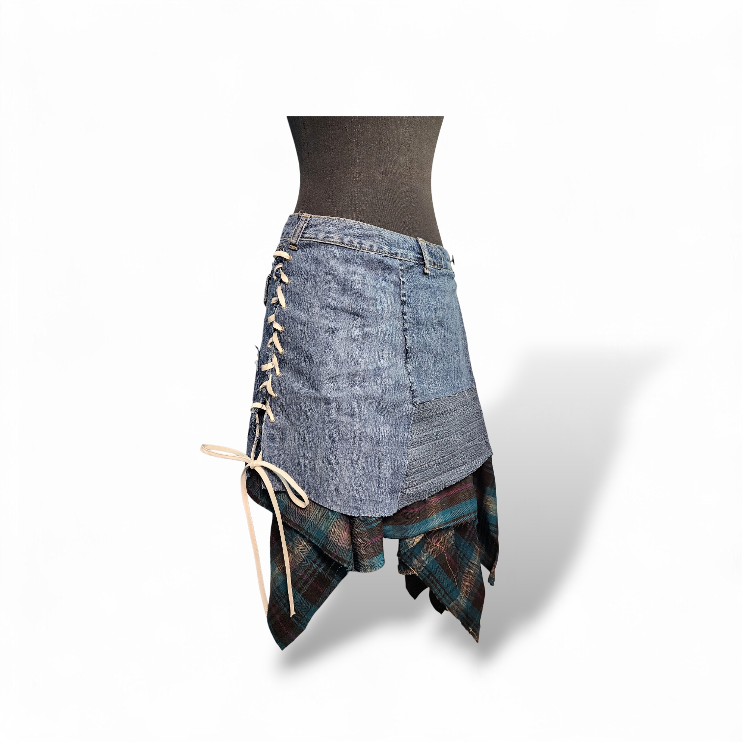 UPCYCLED DENIM TARTAN SKIRT