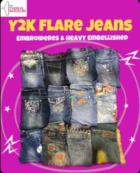 Jeans évasés à broderies Y2K / lourdement embellis..