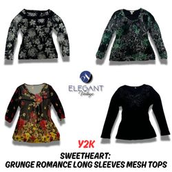 Y2K Sweetheart: Grunge-Romantik Langarm-Mesh-Top -..