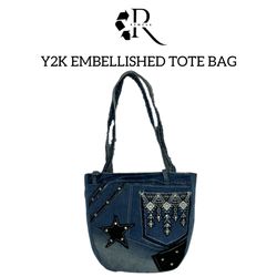 REWORKED Denim Embellished Tote Bag