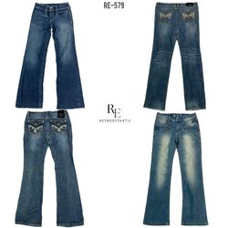 Y2K Calças Jeans de Denim Bordadas Únicas (RE-579)