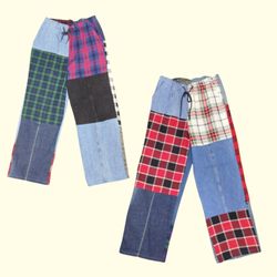 SS25 Reworked / Upcycle Patchwork Plaid Denim Pant..
