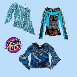 Y2K Aqua Vibe Long Sleeve Tops